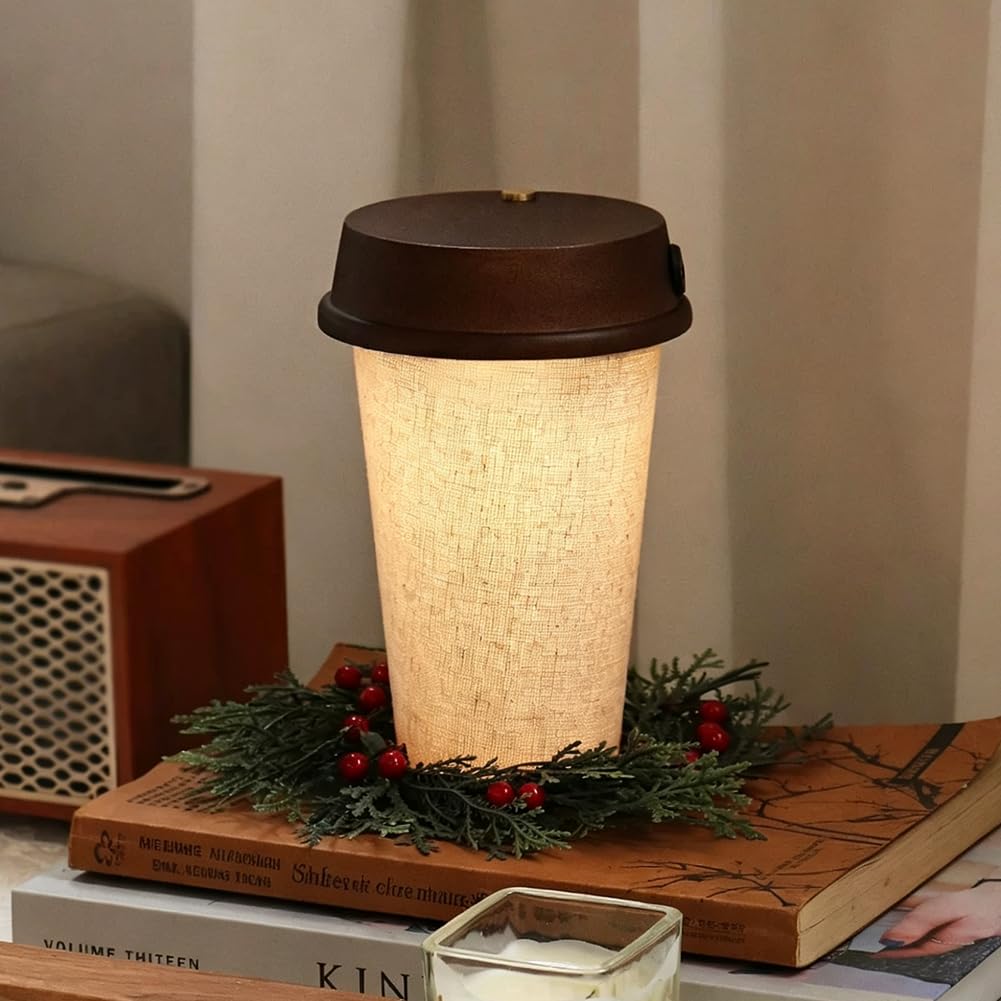 Kaffeetasse Nachttischlampe mit Touch Schalter Dimmbar Kabellos Tischlampe Holz + Stoff Lampenschirm Nachtlicht Kaffeetassen Dekorative Lampe Batterie Beleuchtung Innen Cafélampe