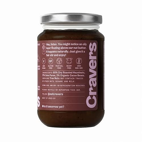 Miniatura 7 de Cravers Cacao y avellanas para untar sin azúcar refinado, vegano, paleo y sin gluten, sin aceite de palma, sin edulcorantes artificiales y sin OMG