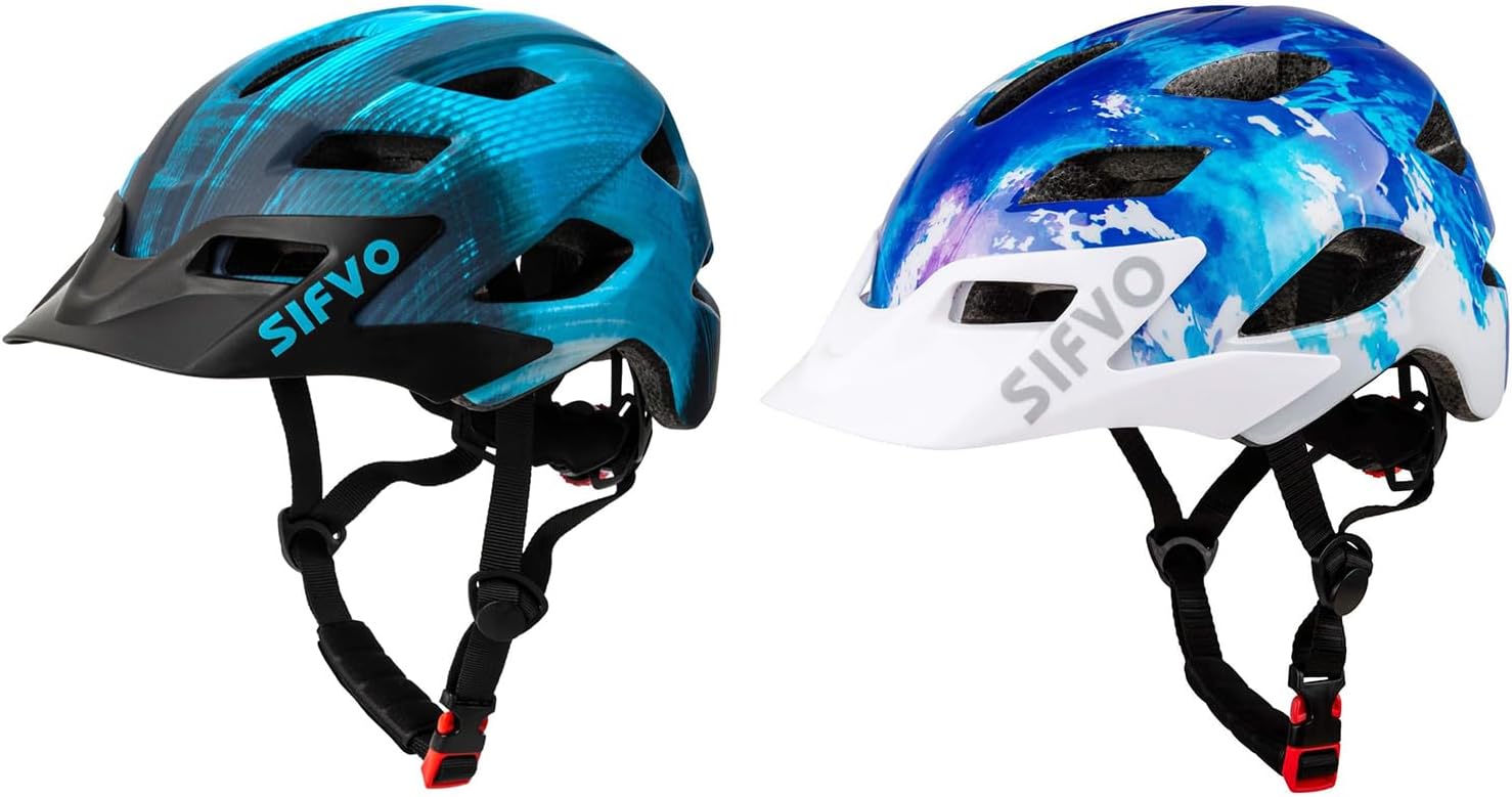 2 Pack Kids Helmet, SIFVO Boys and Girls Bike Helmet with Cool Visor Helmet for Kids 5-14, Adjustable & Lightweight 50-57cm(Navy Blue+Cool Ray)