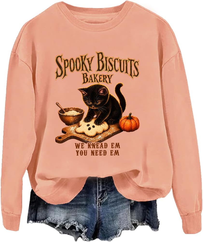 Spooky Biscuits Bakery Sweatshirt Black Cat Halloween Fall Hoodie