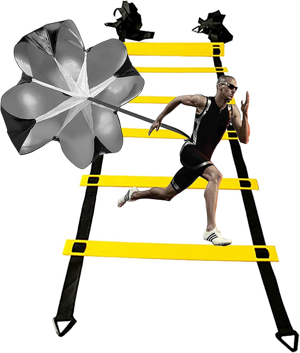 Resistance Parachute Agile Speed Training Equipment, with 16m Agility Ladder /1Resistance Parachute/4hooks/6 Cones, for Kids Teenager Adult