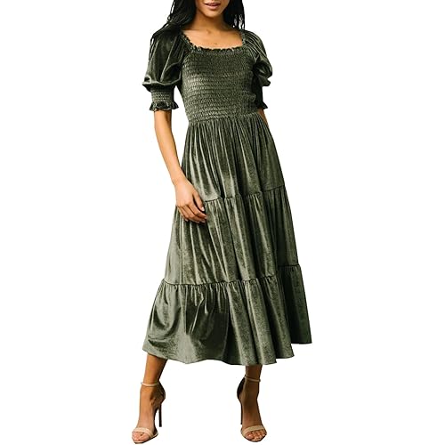 Sissyaki Women's Square Neck Tiered Long Dress Short Sleeve High Waist Smocked Midi Dress