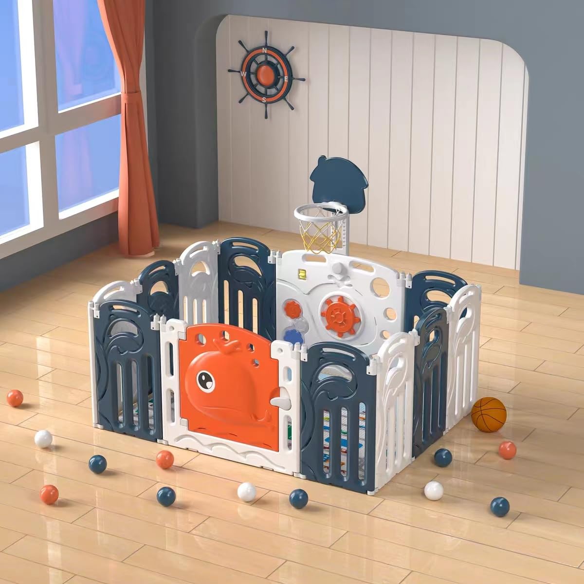 BabyLiv 25SQFT 10+2 Panel Playpen with Ultra Soft Mat and Basketball, Kids Activity Centre Safe & Spacious Play Yard for Home Indoor Outdoor, Ball Pool Area for Toddlers (Dark Blue). ISO 9001:2015 CERTIFIED, CE CERTIFIED