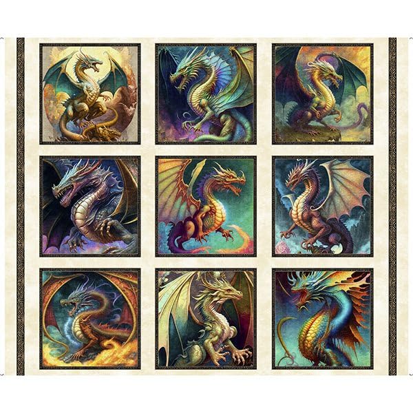 QT Fabrics Dragon Fyre by Morris Creative Group 29926 E Ecru Large Dragon Picture Patches - 36" Repeat Fabric