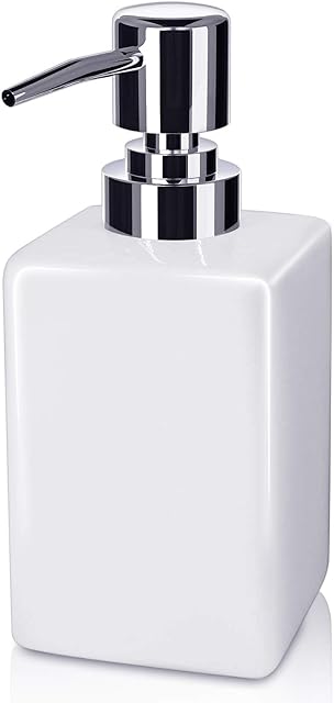 Ceramic Soap Dispensers, 320ML Square Classical Soap & Lotion Pump Dispenser for Kitchen/ Bathroom/ Laundry Room, Refillable Shampoo, Hand Soap, Dish Soap, Essential Oil (White)