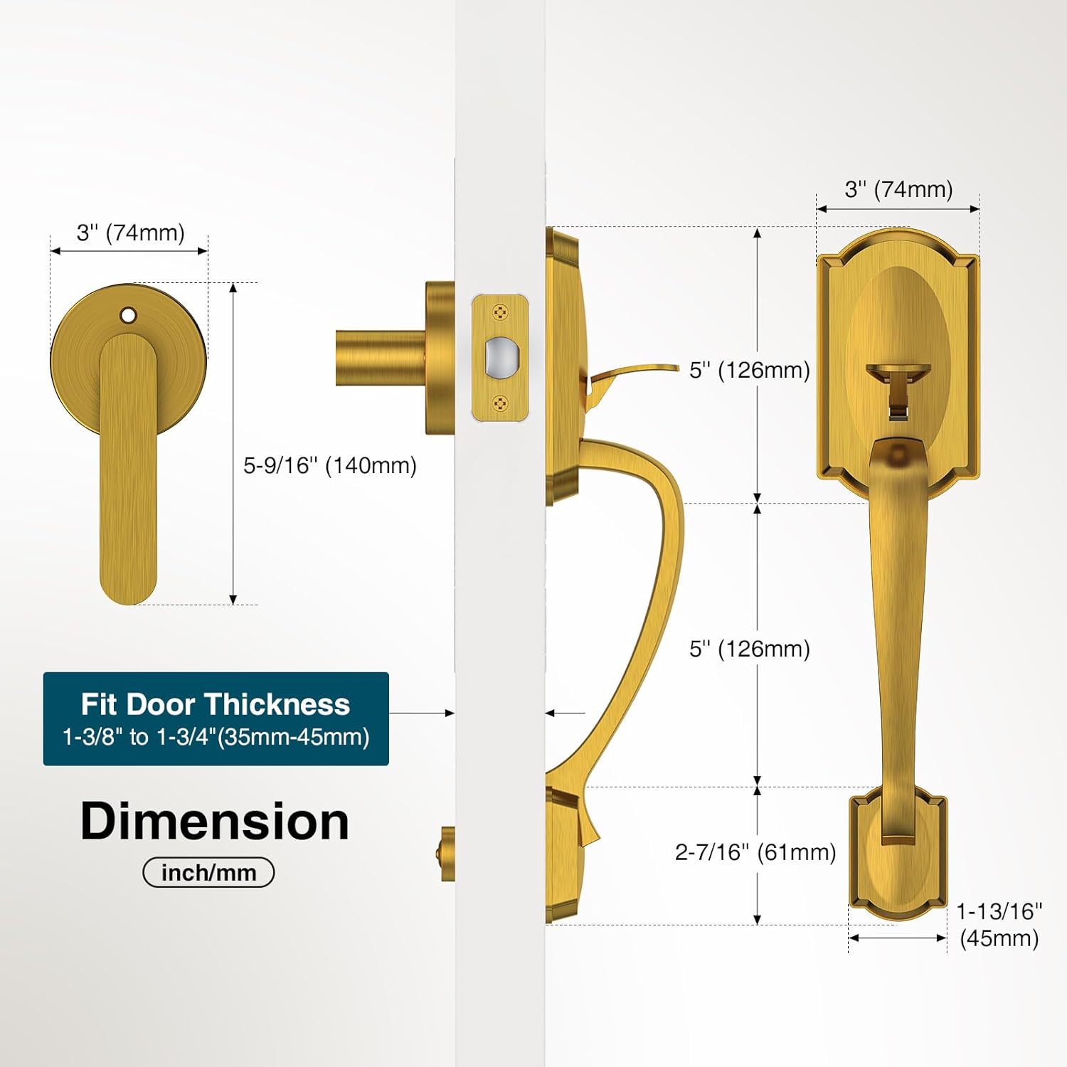 Front Door Handle, Brass Exterior Door Handle with Passage Lever, Vintage Front Entry Door Handle No Lock, Reversible for Left & Right Handed Doors, Lower Half Grip, Antique Brass