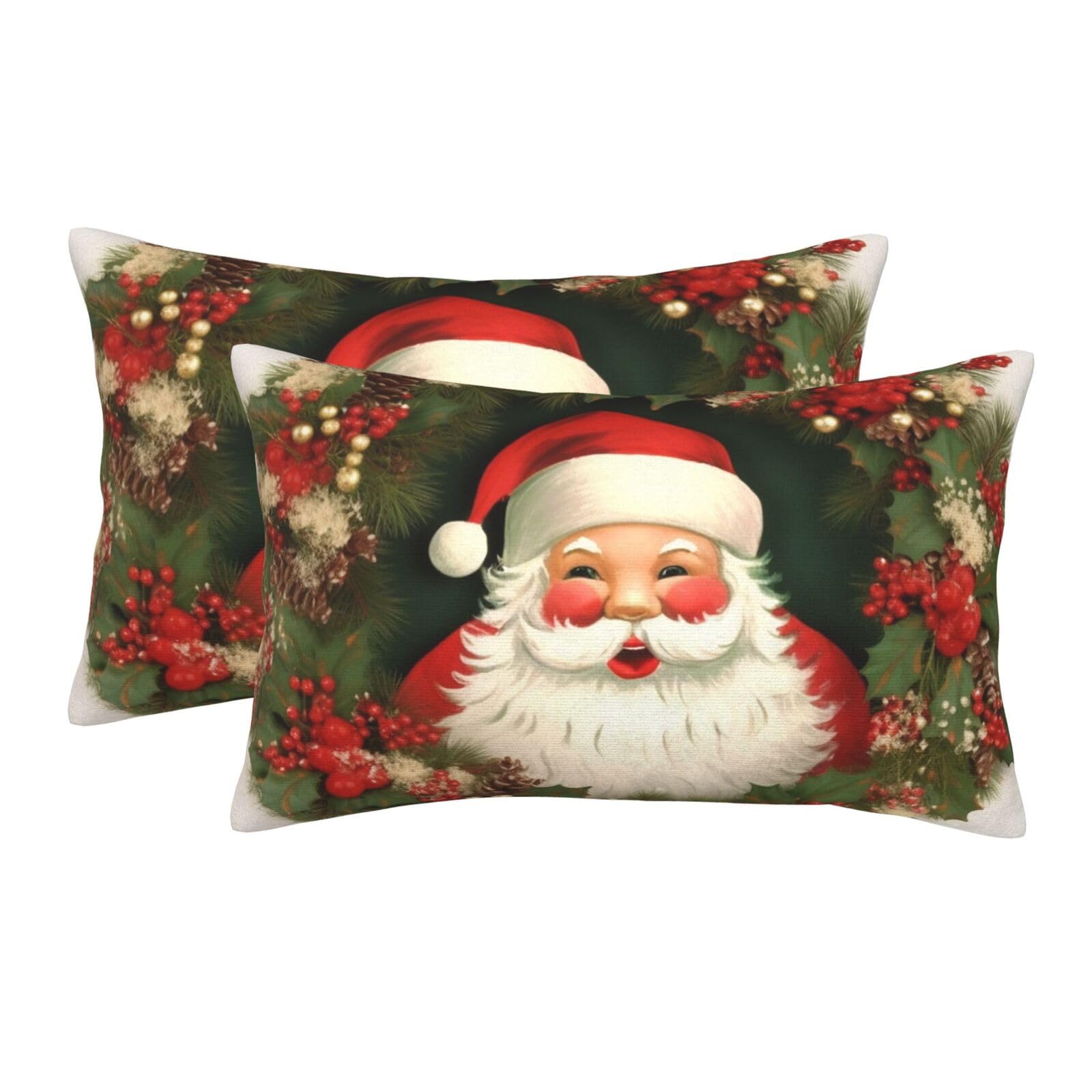2 Pack Standard Size Pillow Cases for Hair and Skin Soft Breathable Pillow Case Covers with Hidden Zipper Christmas Holiday Santa Claus Wreath Pillowcase 14"x20" Pillow Cover for Sleeping Gift
