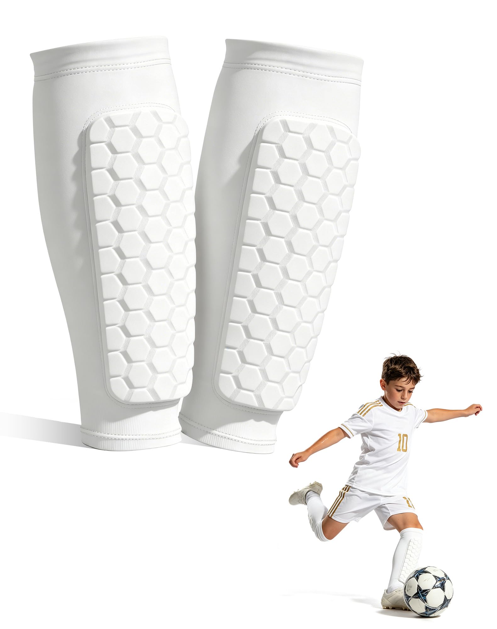 Ouxonix White Kids Shin Pads for Football, Boys & Girls Football Shin Guards with Sleeve, Lightweight Slip-in Shin Guards for Ages 6-7(XS), Breathable, Lightweight