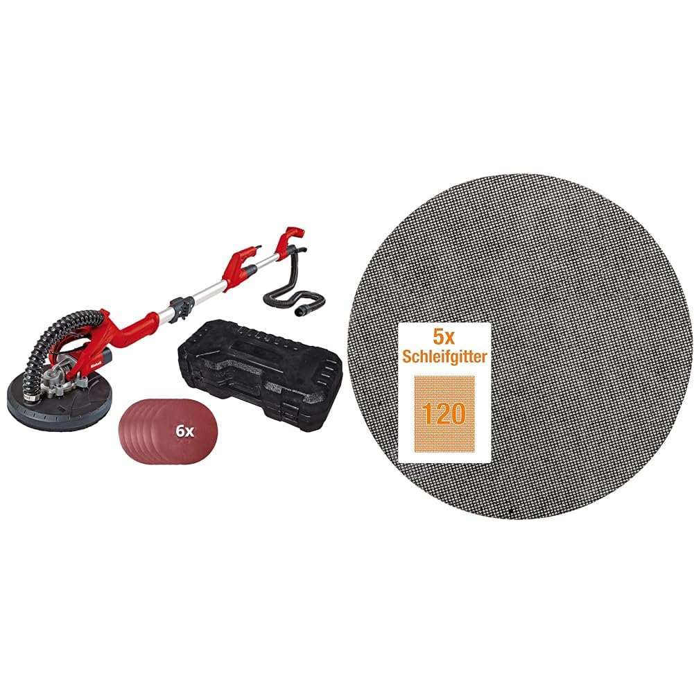 Einhell Tc-Dw 225 Szlifierka do Gipsu, Czarny/Czerwony, 6 tarczy & kwb Quick-Stick krążek ścierny K 120 – do szlifierek z długą szyjką, 225 mm Ø, z włókna szklanego, z otworami na rzep (5 szt.)