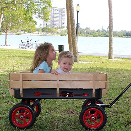 Flexible Flyer All-Terrain Steel & Wood Wagon. Extra-Long Handle, Black & Red #TOP2