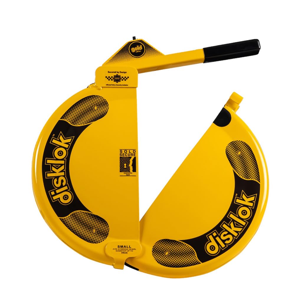 Disklok Antifurto per Volante 'Gold Edition' - Taglia Small - 35-39cm - Giallo - Approvato SCM Dispositivo Blocca-sterzo Sicurezza Visibile Dissuasivo Deterrente Universale per Auto Furgoni Camper