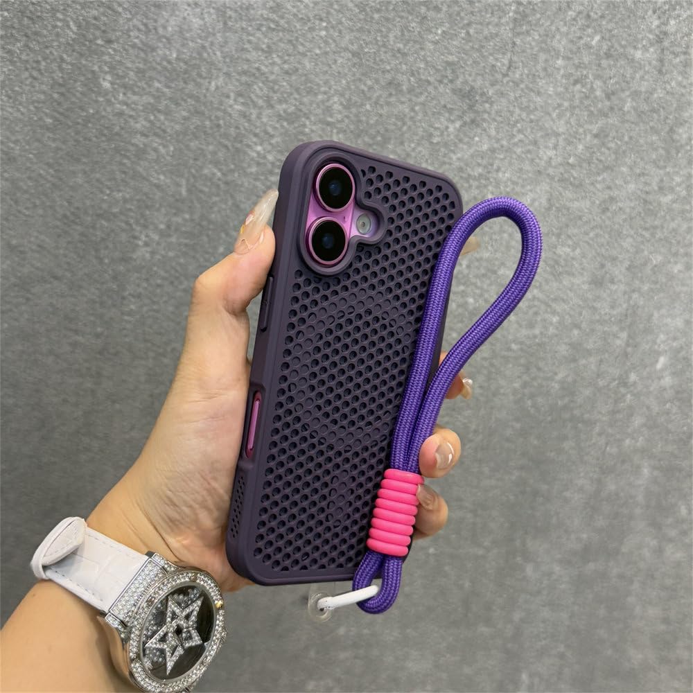 Magnetyczne etui z silikonu o strukturze plastra miodu, odporne na upadki, do iPhone'a 13 14 15 16 17 Pro Max, z ładowaniem bezprzewodowym i wstrząsoodporne, ciemnofioletowe, ze smyczką, do iPhone