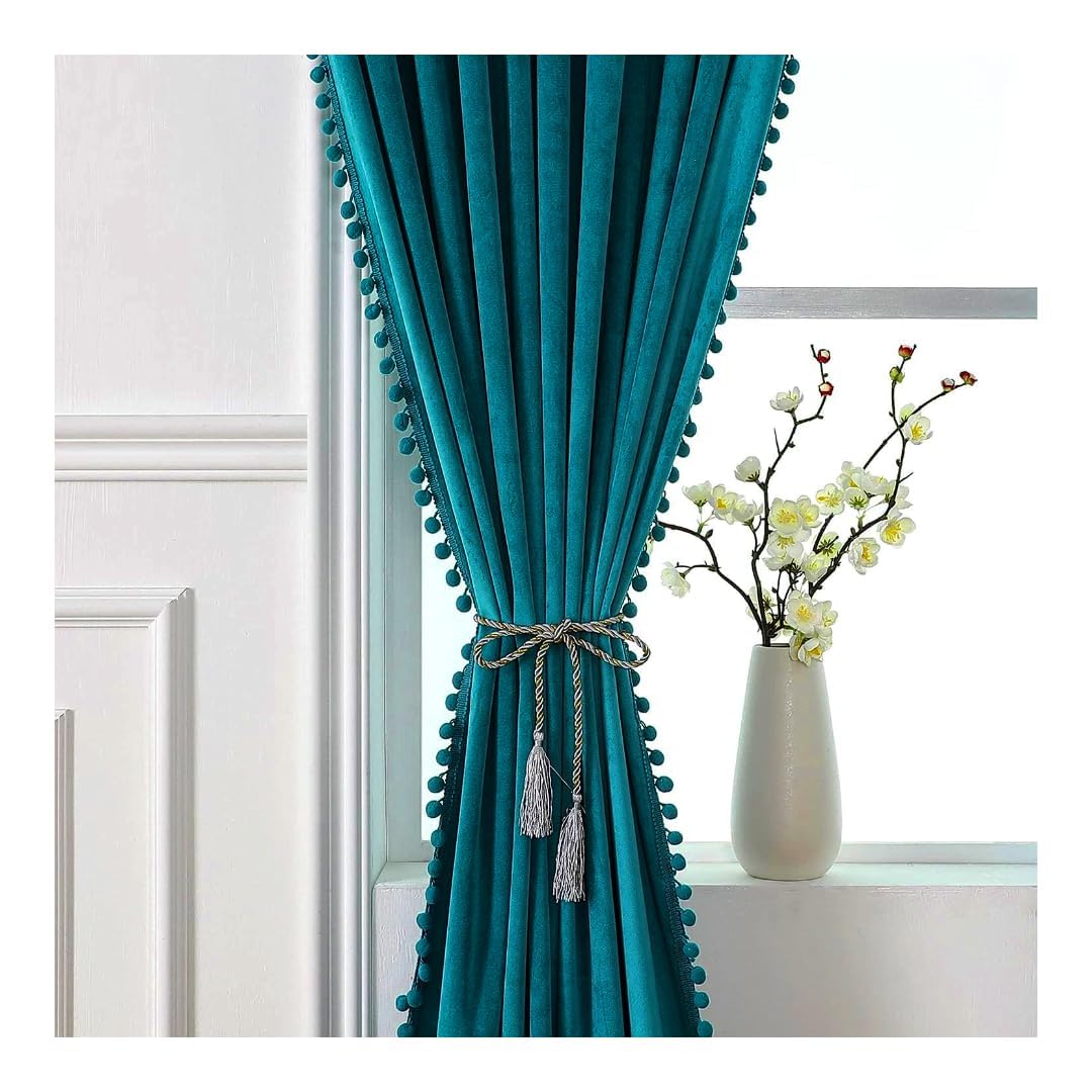 Velvet Eyelet Door Curtains with pom pom Lace for Living Room Bedroom Kitchen 9 feet 2 pc