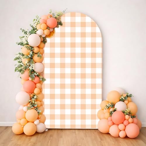A Little Cutie is On The Way Baby Shower Arch Backdrop Covers Decors Double-Sided Arch Spandex Cover Orange Plaids First Birthday Party Supplies (6x2.6ft,4700)
