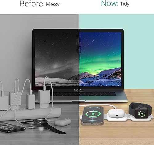 Miniatura 6 de ORIA Cargador inalámbrico plegable 3 en 1, almohadilla de carga inalámbrica rápida con luz indicadora de carga, estación de carga plegable para iOS,