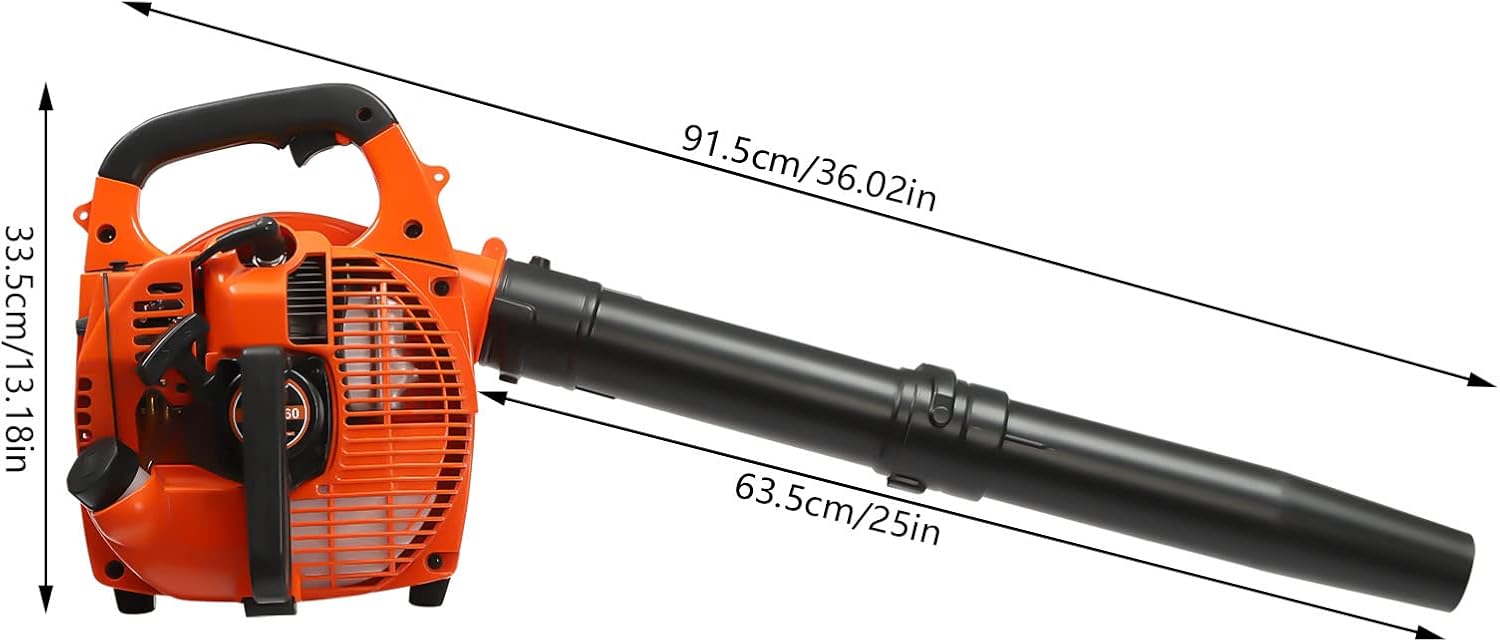 Close-up view of the leaf blower's engine components including spark plug and fuel cap