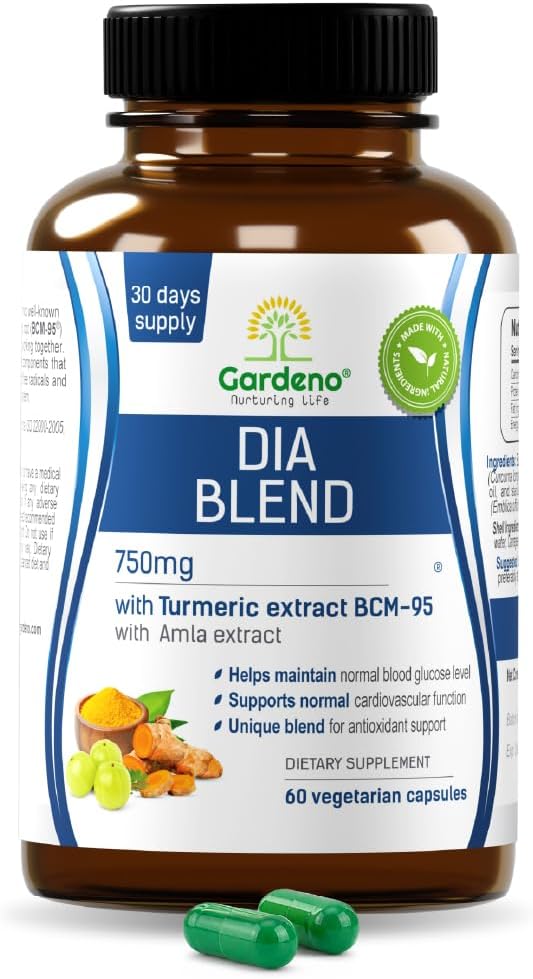 Gardeno Dia Blend Blood Sugar Support Supplement 750mg - Turmeric BCM-95, Amla & Pterocarpus - Supports Glucose Metabolism & Antioxidant Health - 60 Capsules - Vegan, Non-GMO, Gluten-Free