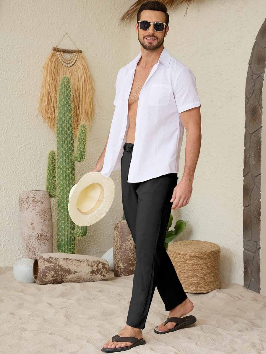 Yutdeng Pantalones Largos Verano Hombre Pantalón Lino Ligeros Casual Pantalon Verano Hombre Largo con Bolsillos Yoga Playa Algodon y Lino Pantalones Anchos Cintura Elástico con Cordón