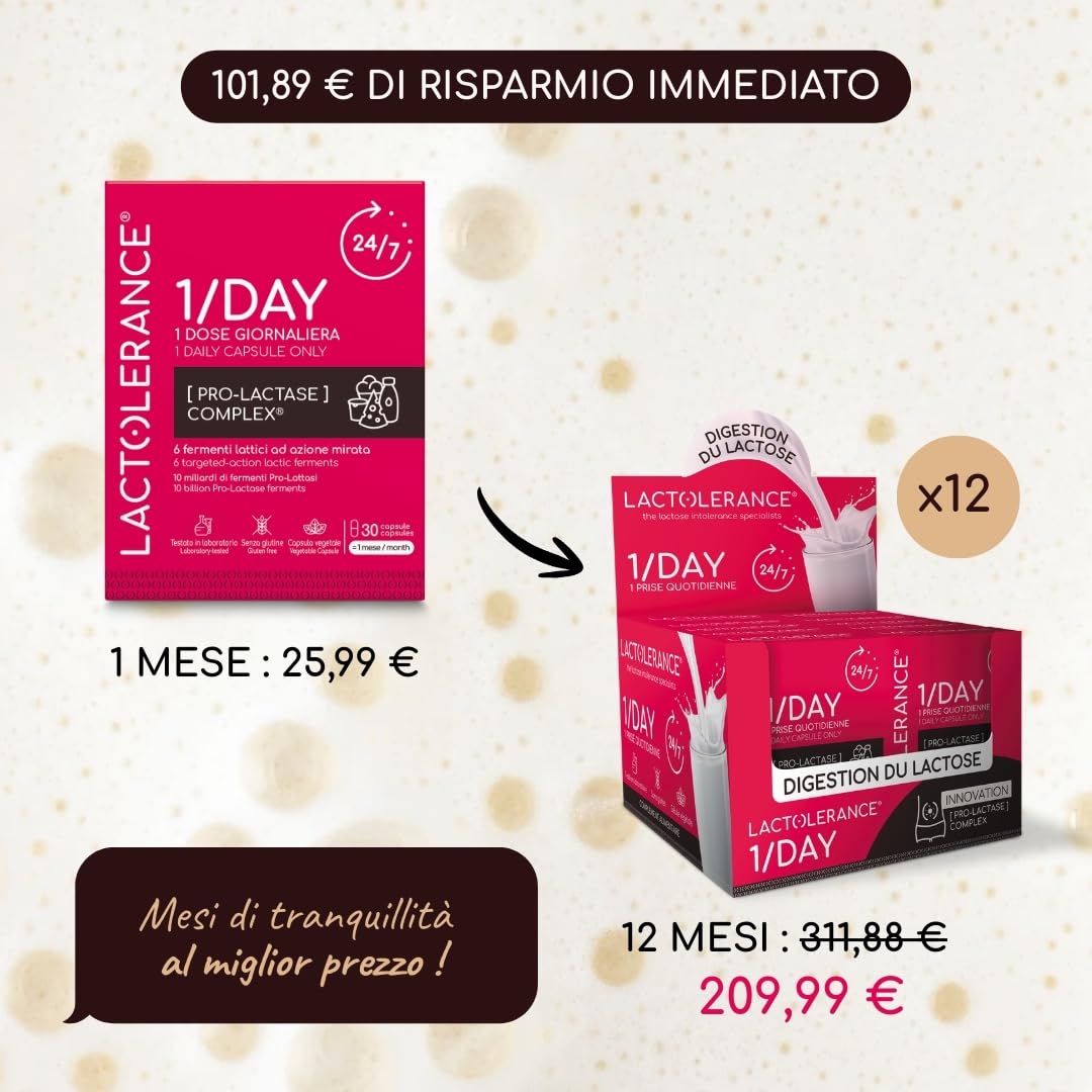 LACTOLERANCE 1/DAY Probiotici Precursori di Lattasi, 24h, 180 Capsule | 1 sola assunzione al giorno, protezione continua 24 ore su 24, fermenti lattici, confezione 6 mesi