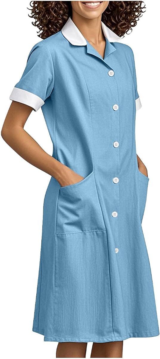 2026 vestido de uniforme de sirvienta de limpieza para mujer, vestidos con botones hacia abajo, ropa de trabajo, vestidos sueltos de manga corta con bolsillo