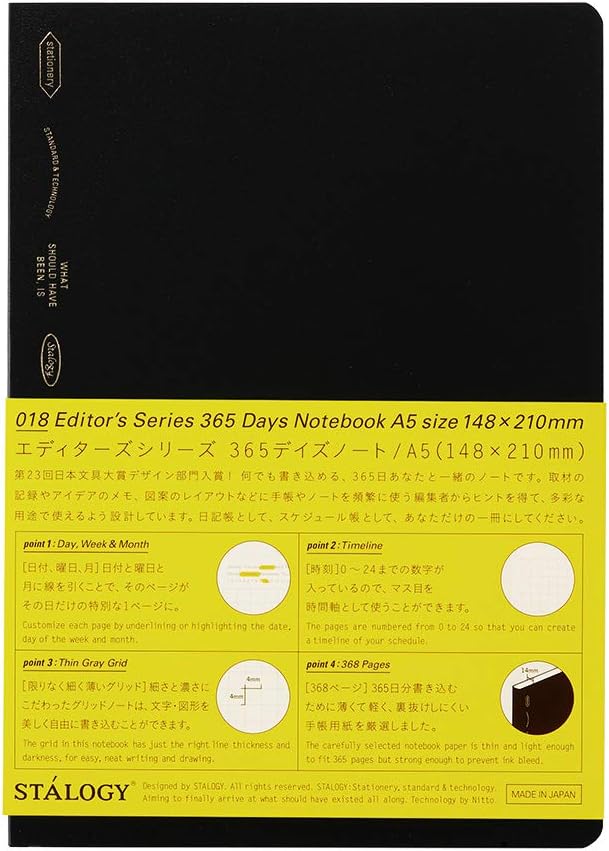 Nitoms S4101 STALOGY Notebook, A5, Squared, 365 Days Notebook, Black