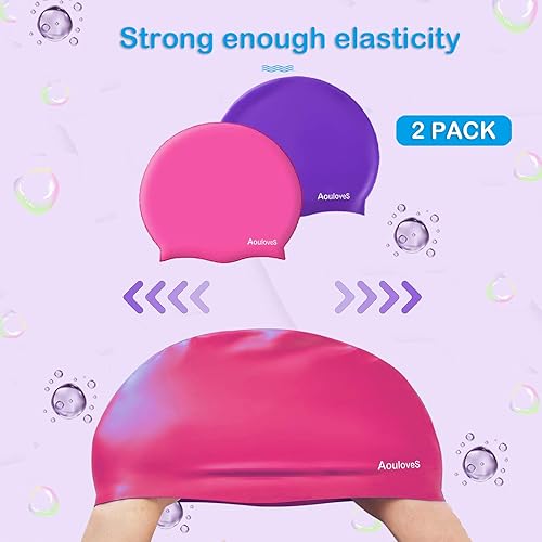 Miniatura 6 de Paquete de 2 gorros de natación para niños y niñas, unisex, de silicona, para niños de 4 a 12 años, ajuste cómodo para cabello largo y cabello corto