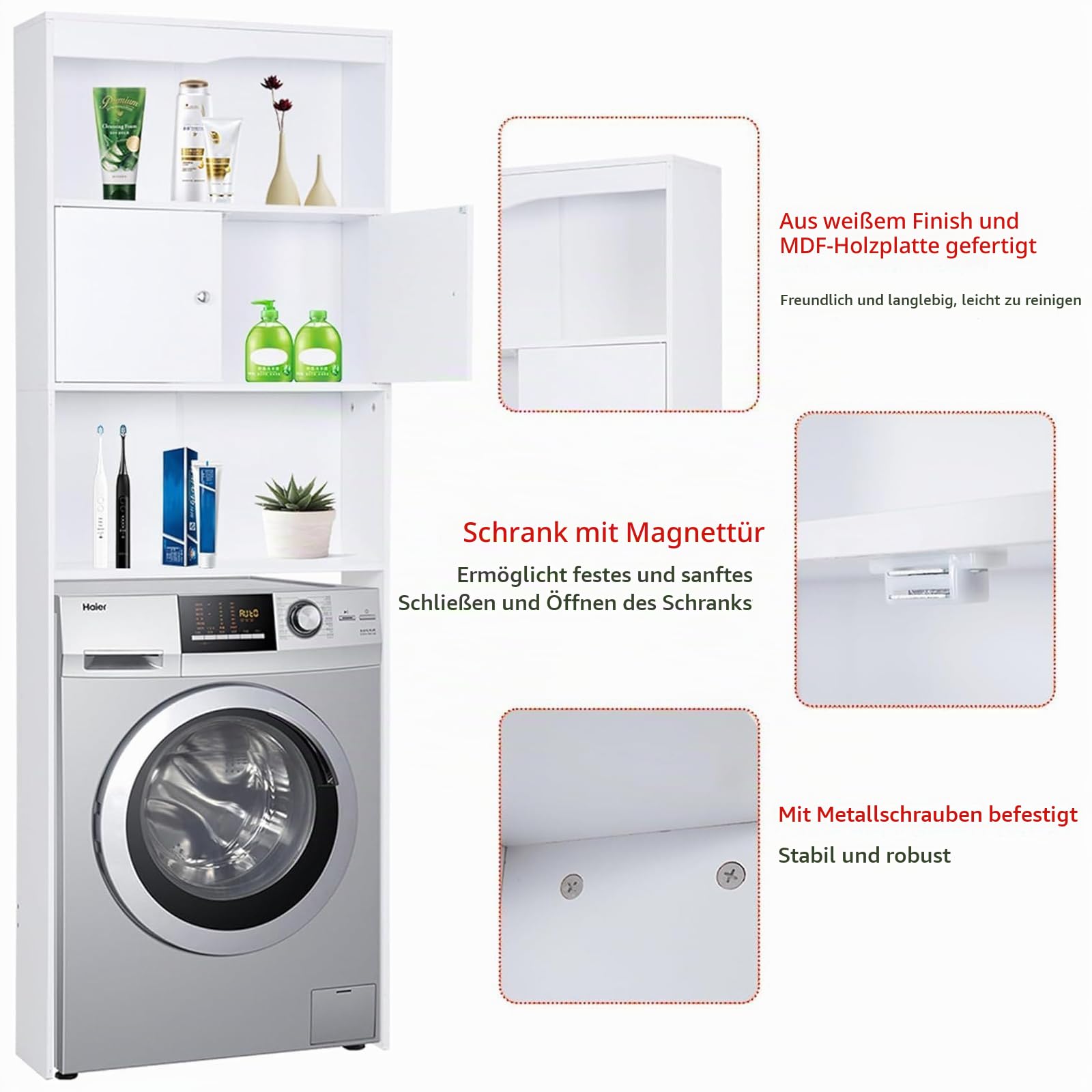 Ease Waschmaschinenschrank, Hochschrank, Toilettenregal mit Schrank, 2 offene Fächer, Verstellbare Ablagen, Badezimmerregal über Waschmaschine/Toilette 62,5 x 19,5 x 178CM