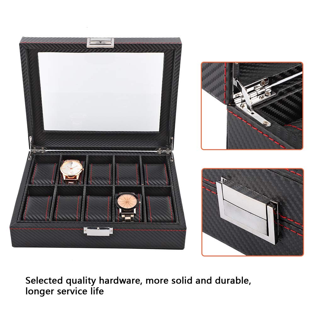 Greensen Watch Display Box, 10 Slot Watch Storage Case PU Leather Watch Organizer Box for Men Women Display Organizer Box with Glass Cover for Home Office Shop, Black