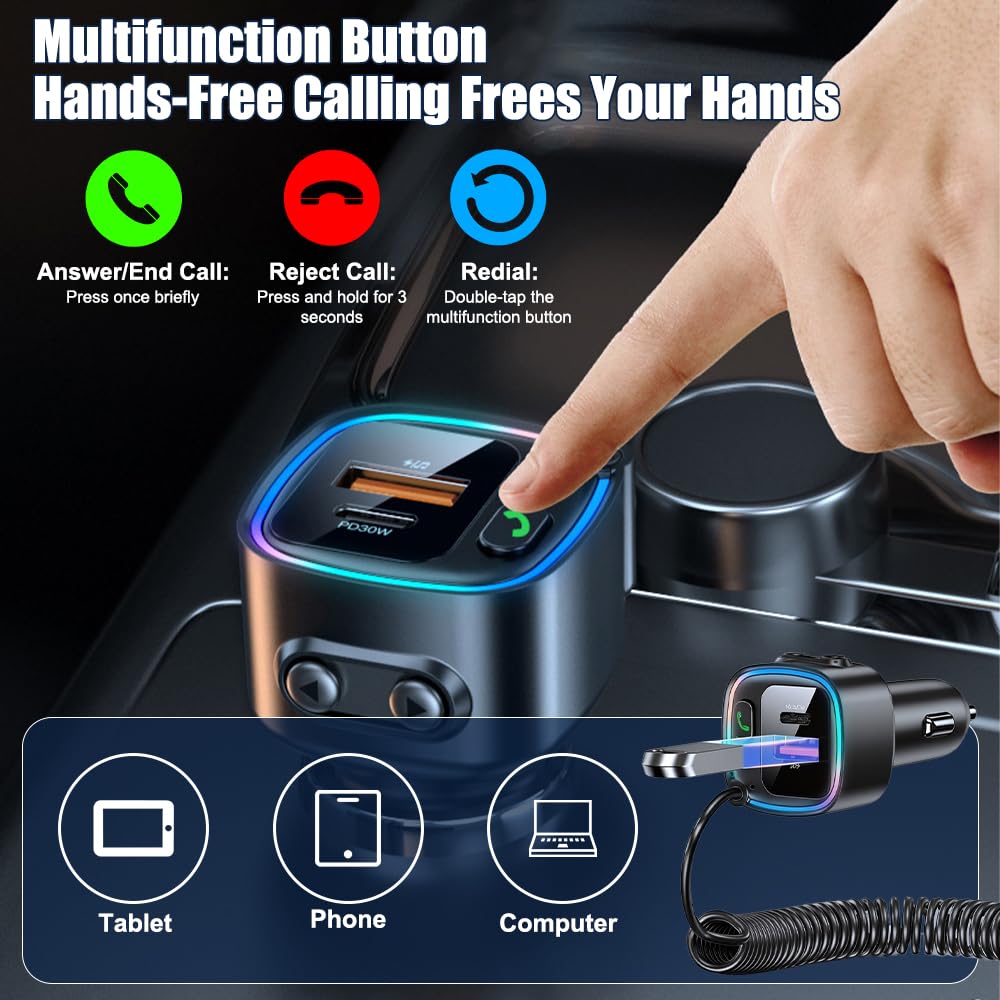 Bluetooth Auto, Trasmettitore Bluetooth Per Auto 5.4 Con Jack Da 3,5 Mm, Aux Bluetooth Auto Usb C Aux Per Auto Per Chiamate In Vivavoce e Musica Wireless Compatibile, Suono Hi-Fi Bass Rgb Ambient