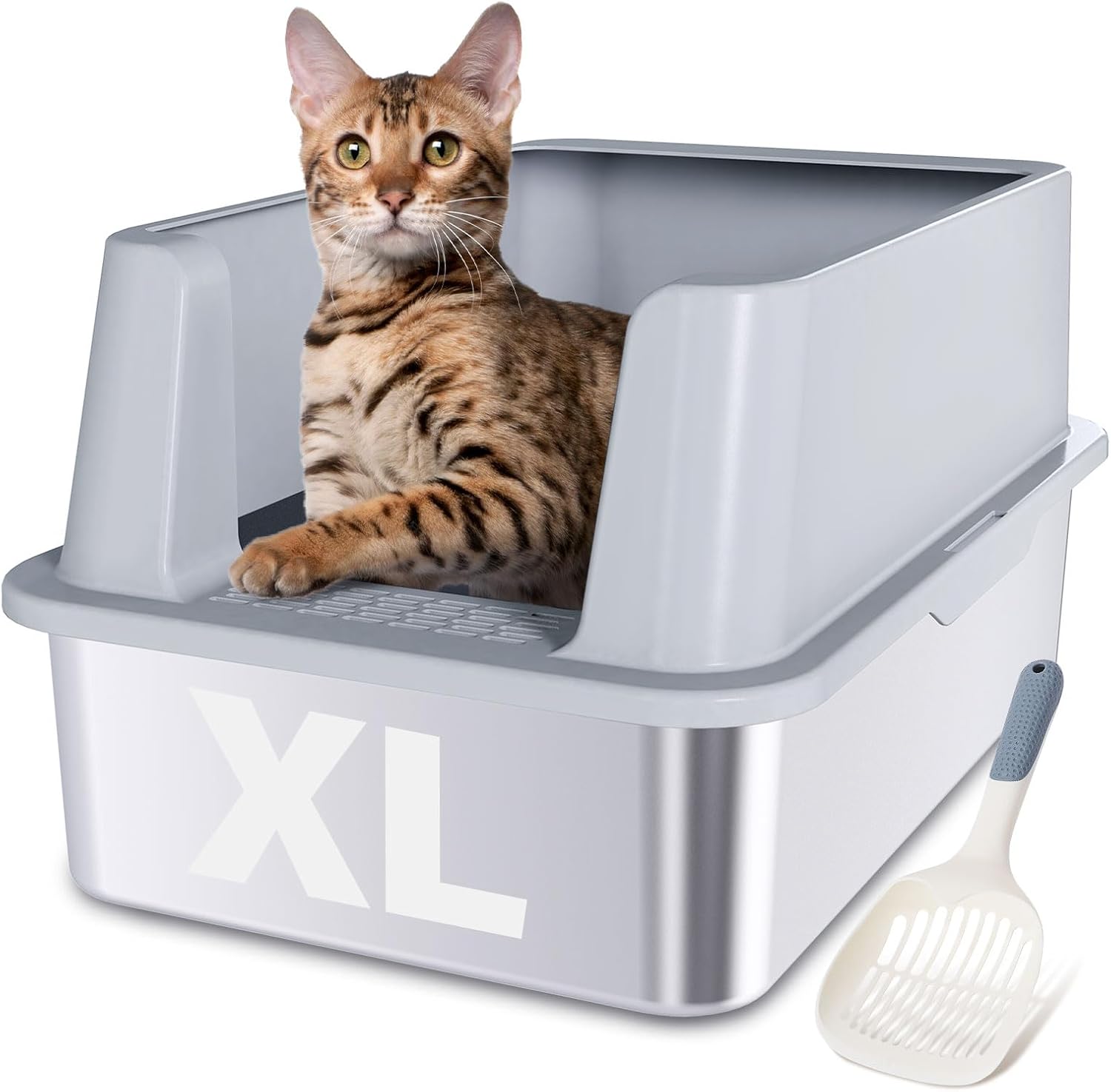 Stainless Steel Litter Box, XL Extra Large High Sided Metal Cat Litter Box with Lid and Scooper, Easy Clean, Non Stick & No Smell-24"x16"x12" 24"×16"×6" XL-Lid 01
