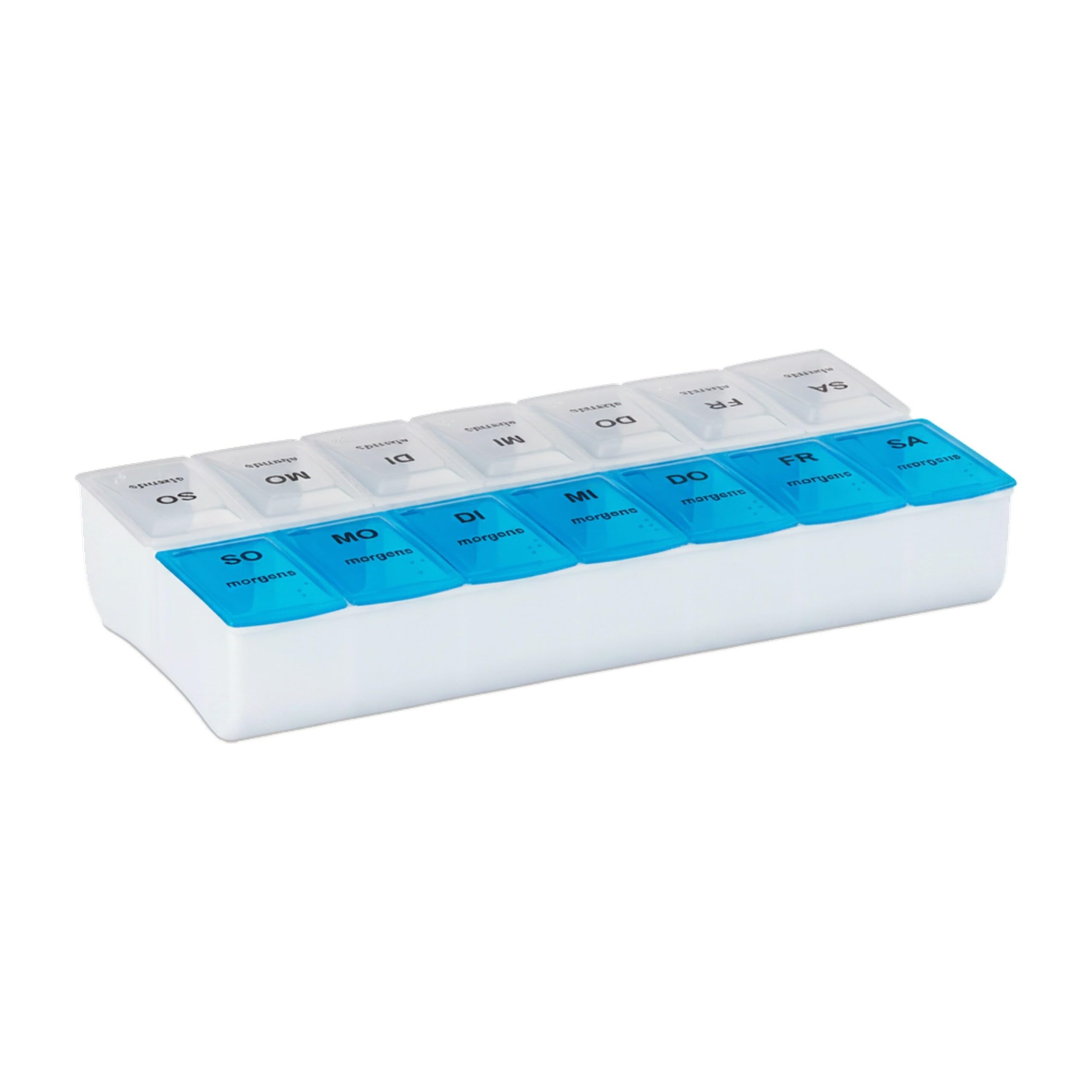 Relaxdays Pilulier 7 Jours, Lot de 10, 2 Compartiments par pilulier, boîte médicaments semainier Matin Soir comprimés, Blanc Bleu | Pilulier hebdomadaire pour la maison et les déplacements