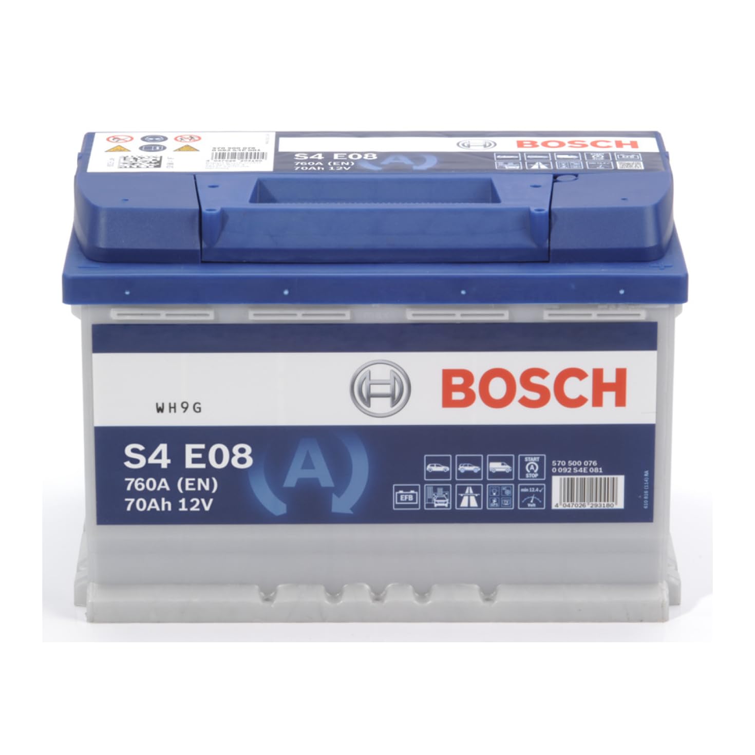 Bosch S4 E08 Batería para Coche 70 A/h - 760 A - 12 V, EFB de Plomo-Ácido para Vehículos con Sistema Start/Stop, Polaridad Izquierda (-) Derecha (+), 278 x 175 x 190 mm