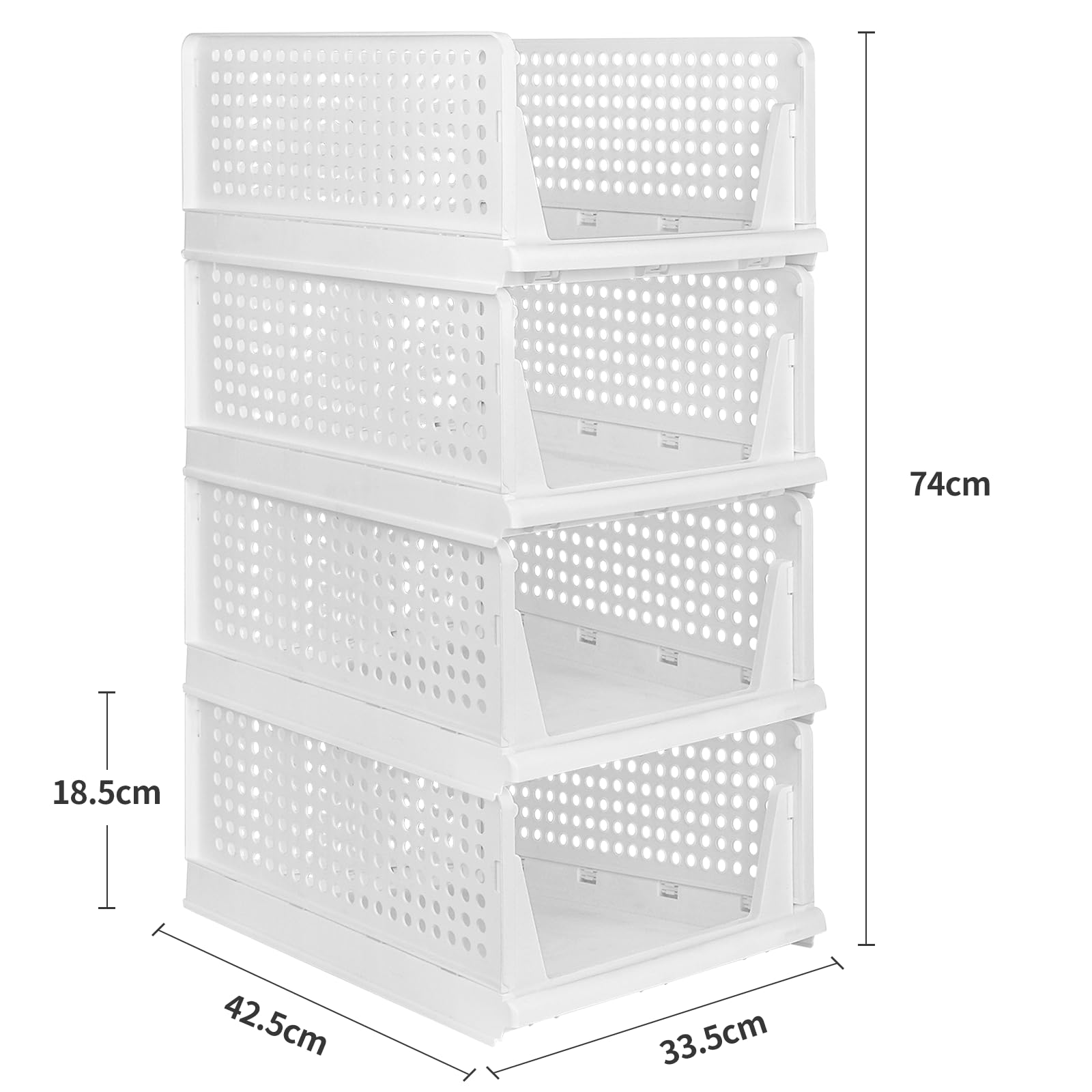 4 x organizer impilabile per cassetto, abbigliamento impilabile, cassetto scorrevole, portaoggetti per armadio, cucina, bagno, camera da letto (bianco, set di 4, 33,5 x 43 x 72 cm)