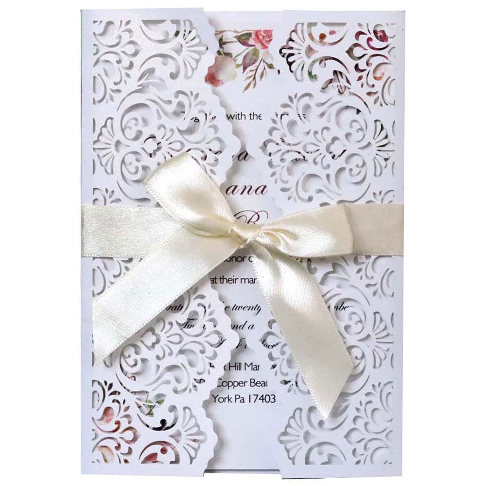 Delikatna romantyczna karta z zaproszeniem na przy Opakowanie 50 sztuk, zestaw czystego papieru do druku i kopert na wesela, przyjęcia urodzinowe i przyjęcia(White,Personalized Printed)