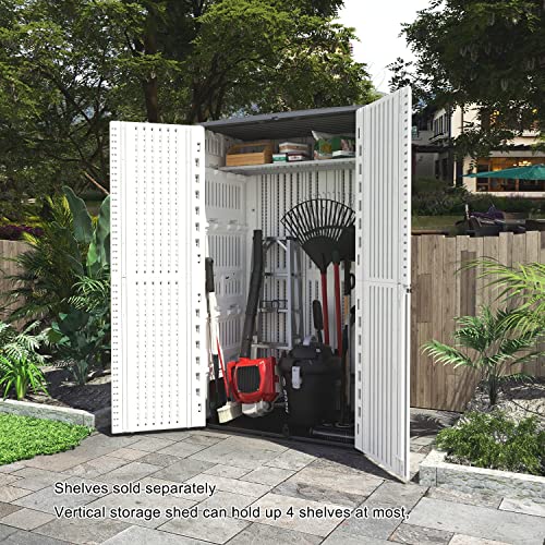 Image of KINYING Outdoor Storage Shed Waterproof, Resin Vertical Storage Cabinet Double-Layered, Versatile to Store Patio Furniture, Garden Tools, Pool Accessories,Mower (66 Cu.ft,White)