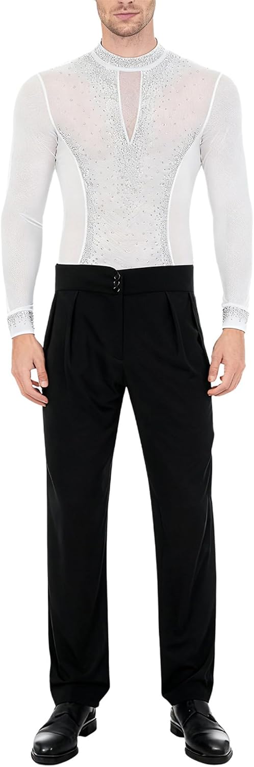 Yhong Men's Latin Salsa Dance Leotard Long Sleeve Glitter Ballet Dance Unitards with Straight Leg Trousers