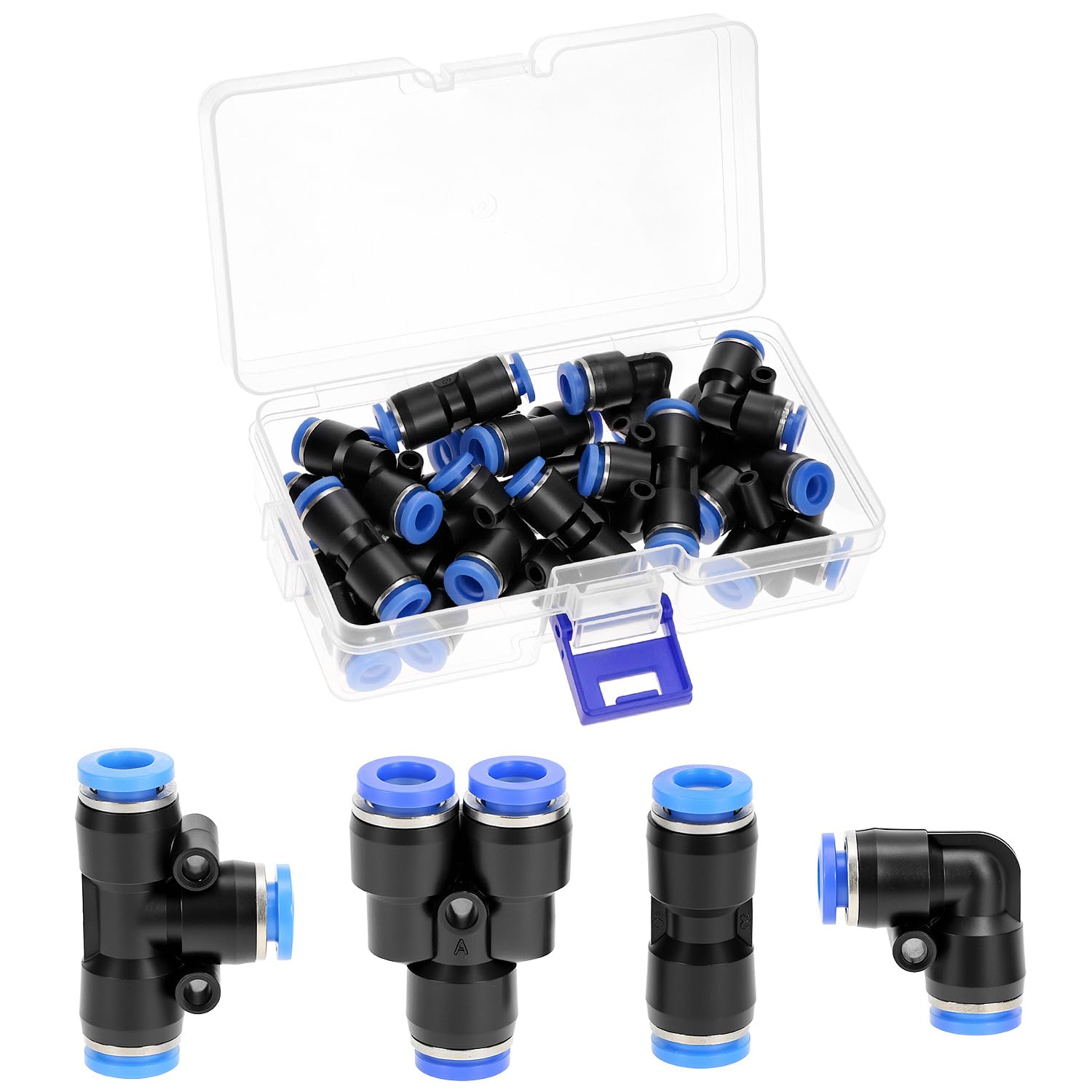 Qwork Silver Qwork® 20 Pieces 6 Mm Pneumatic Connectors, 4 Shape Pneumatic Fittings, Air Push In Fitting Connectors, Straight, Angle, Y And T Pieces