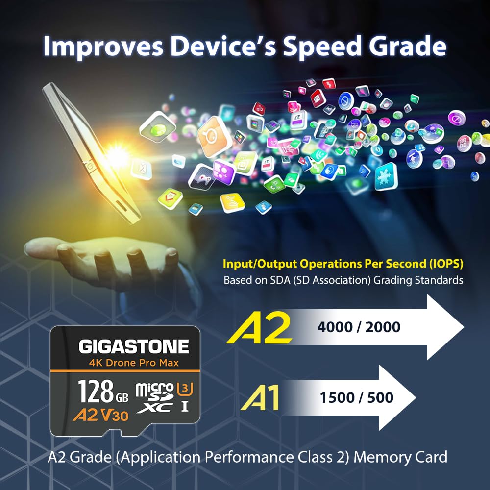 【Récupération de données 5ans】GIGASTONE Carte Micro SD 128 Go, 4K Drone Pro Max, A2 V30 pour Drone DJI ou Caméra d’Action, Gopro, Vidéo 4K UHD, R/W 100/50 Mo/s, UHS-I U3 C10 Classe 10 avec Adaptateur