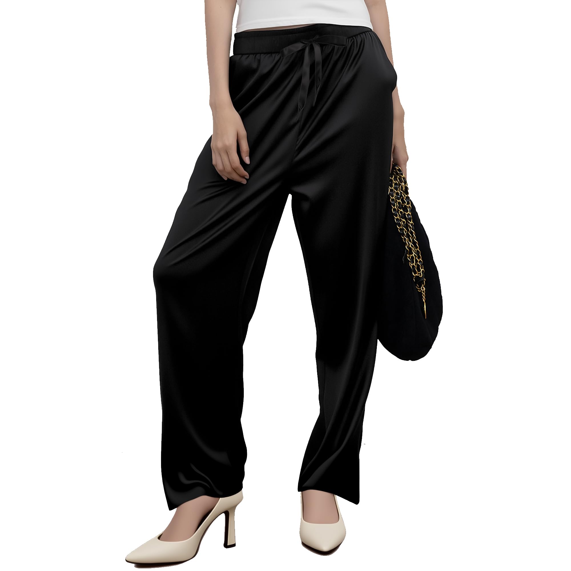 LWQ ROSE Womens Silky Wide-Leg Pants Lightweight Satin Straight High Waist Straight Trousers with Pockets Daily Casual Home