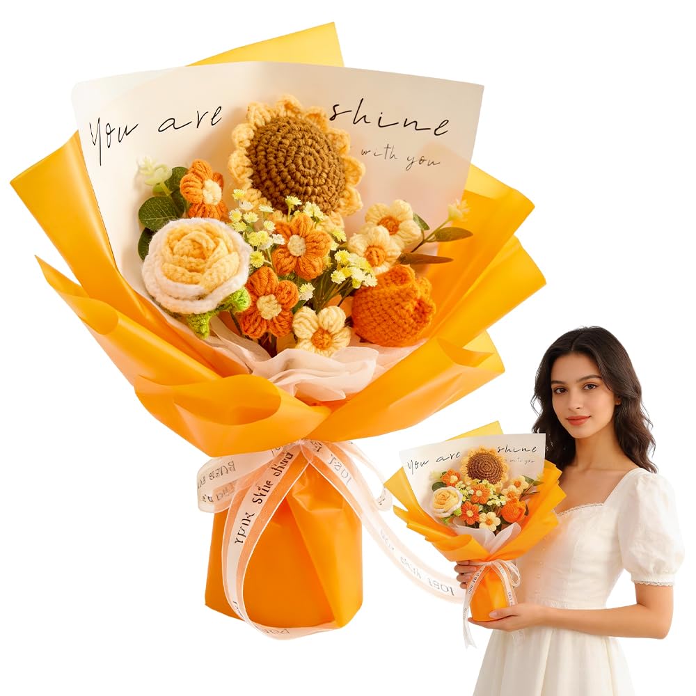 Wxeadu Crochet Flowers Bouquet, Handmade Crochet Flower Bouquet with Gift Bag & Card, Knitted Flowers Gelsemium, Rose, Forget-me-not for Mom/Anniversary/Graduation/Home Decoration/Wedding (Yellow)