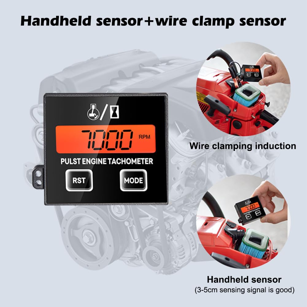 Digitaler 2/4-Takt Induktiver Drehzahlmesser mit Stundenzähler, Digital Tachometer für Motorrad, Schneefräse, Motocross, Rasenmäher, Generator, Kettensäge (Orange)