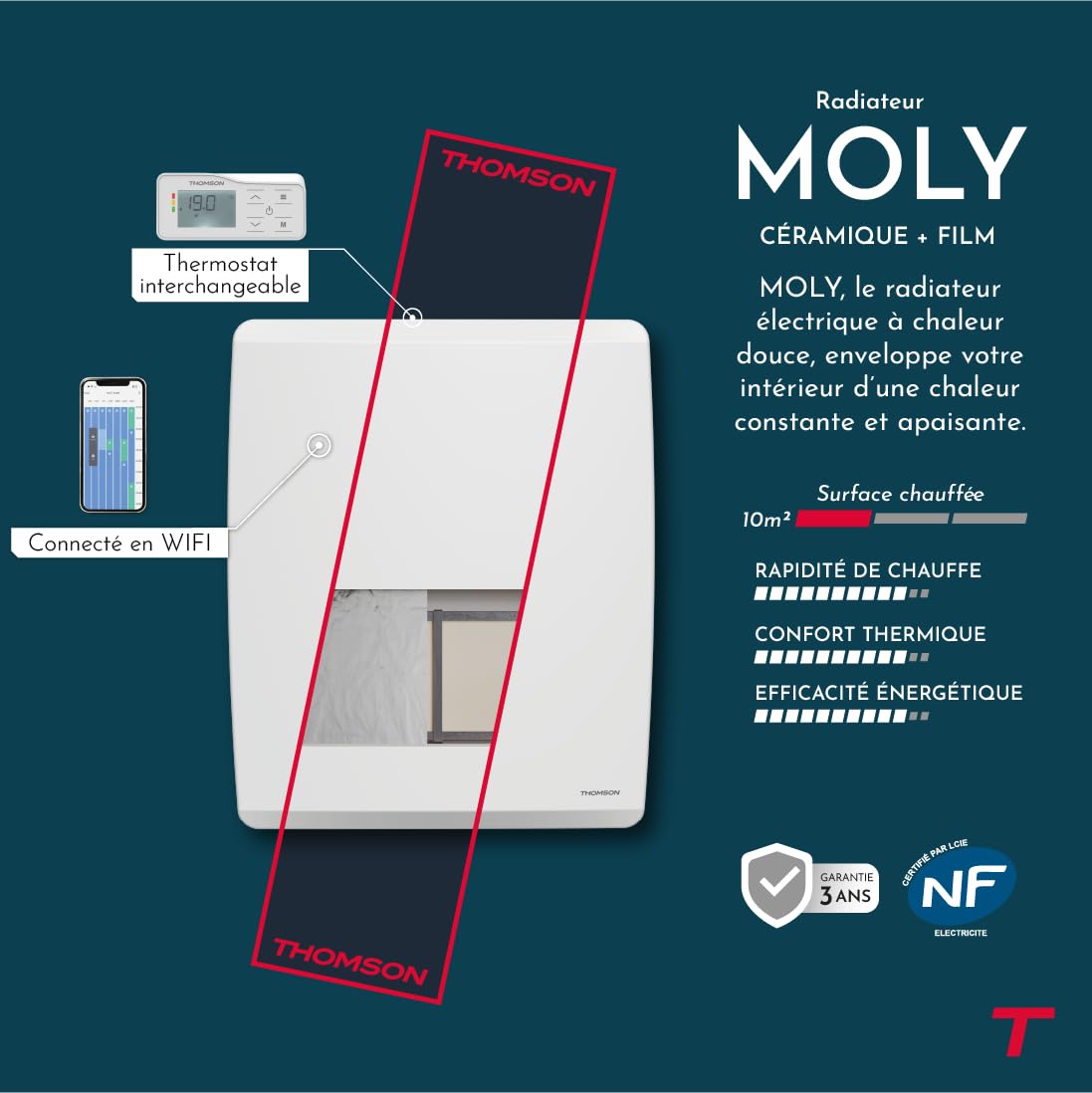 THOMSON - Radiateur électrique fixe connecté WiFi à inertie sèche céramique + film avec thermostat interchangeable 1000W THOMSON MOLY horizontal blanc