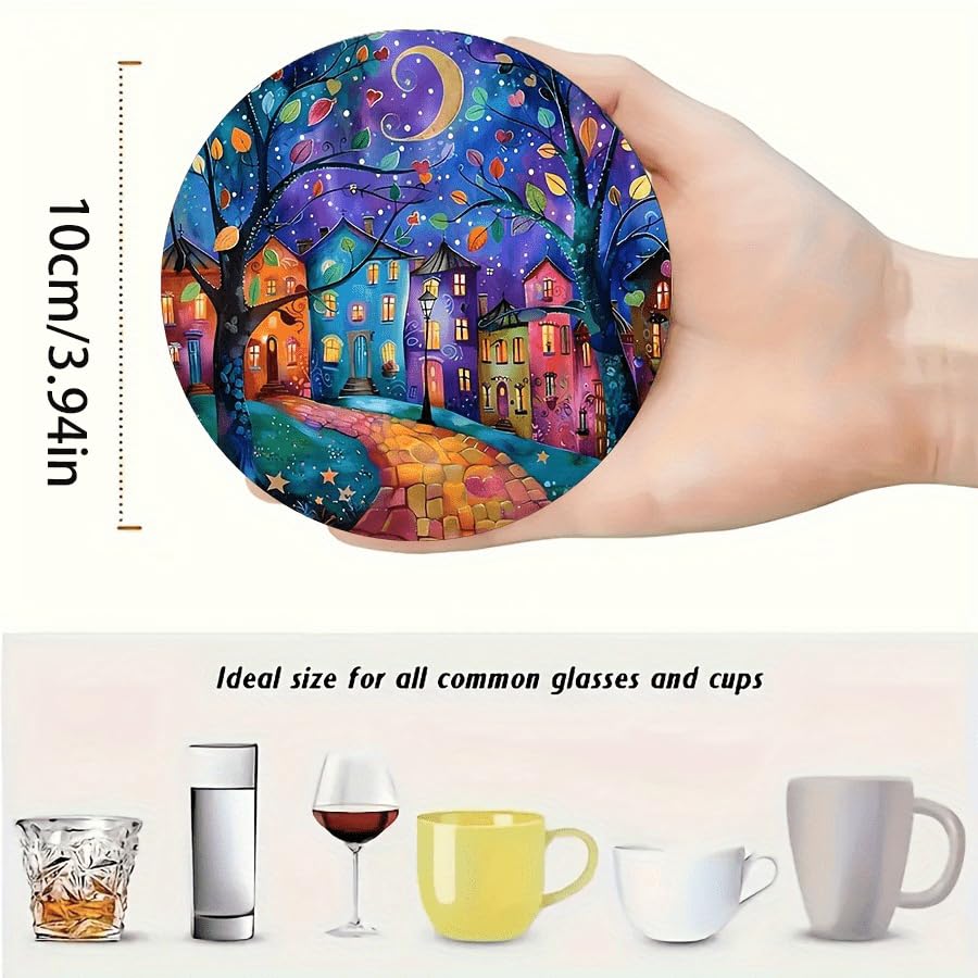 Image of 6pcs Set Art Wooden Coasters- Display Abstract Rural Scenery, Heat Resistant, Non-Slip, Perfectly Protect Surfaces, Suitable for Coffee and Beverage Cups, Ideal for Home, Restaurant