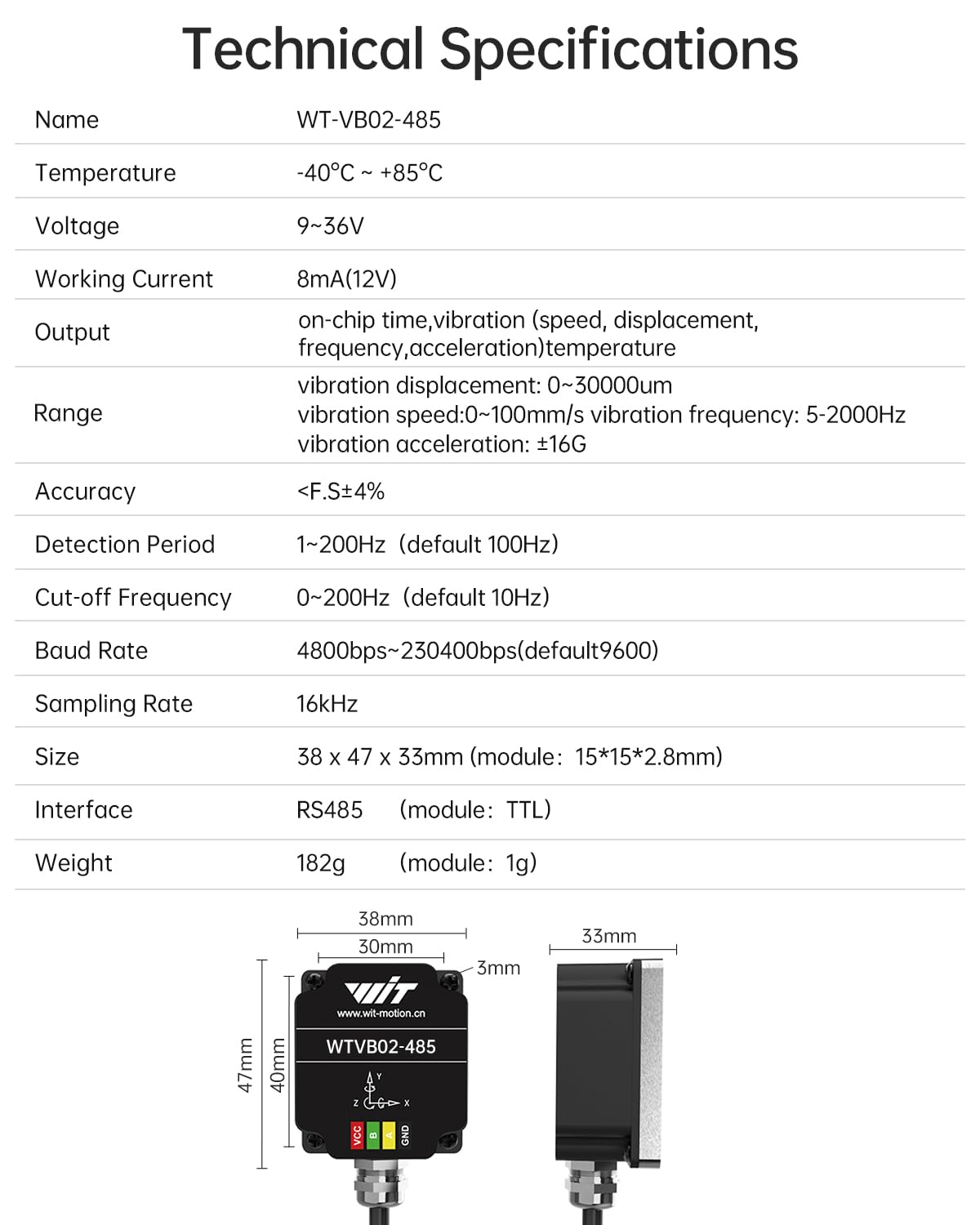 [Sensore di vibrazione Modbus RS485] Trasduttore impermeabile WTVB02-485 IP68, rilevatore di accelerazione di vibrazione a 3 assi (frequenza + spostamento + velocità), modulo di monitoraggio