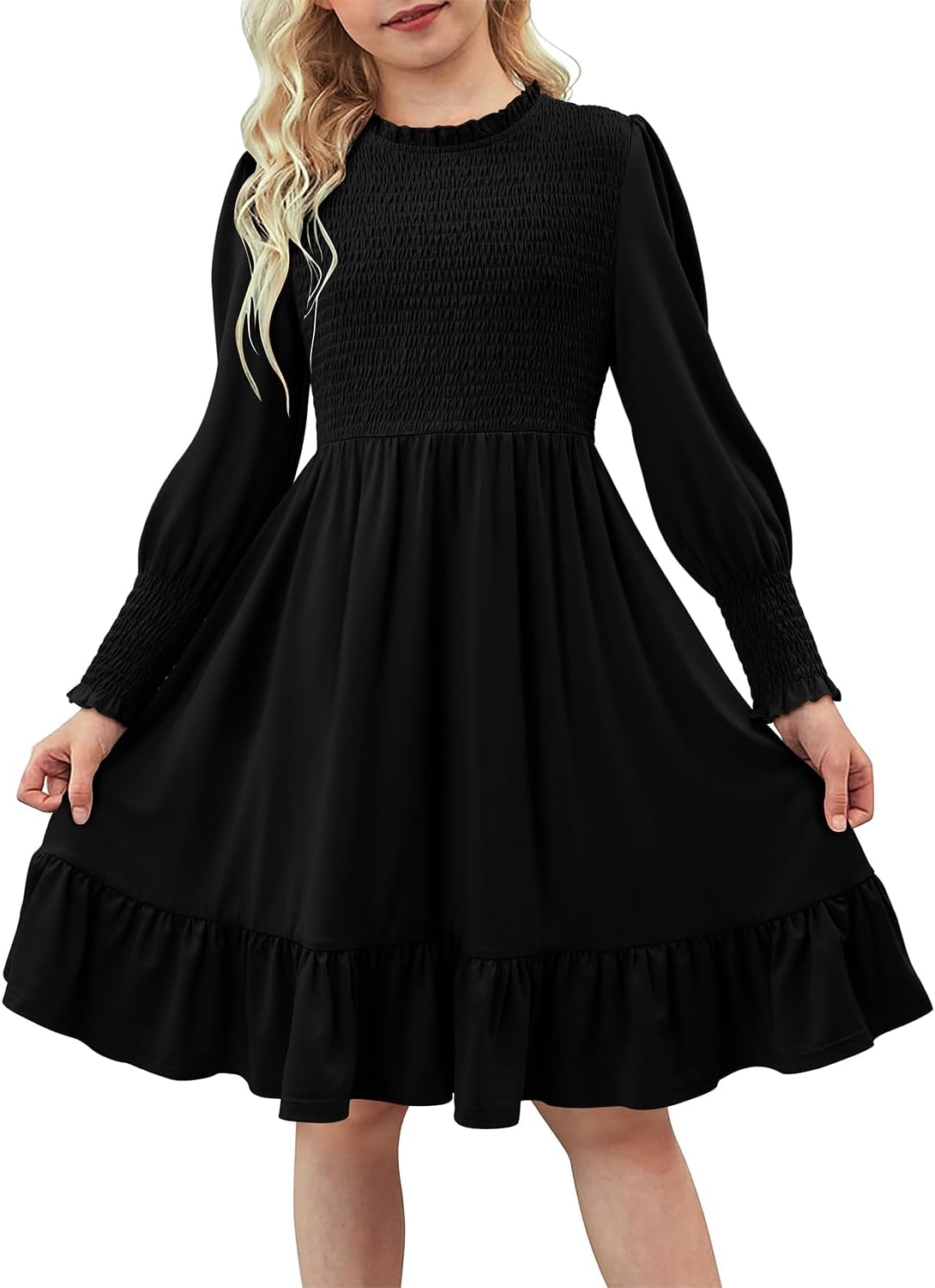 Yoklass Girls Smocked Dress Casual Puff Long Sleeve Ruffle Neck Dresses 4-13 Years - Image 2