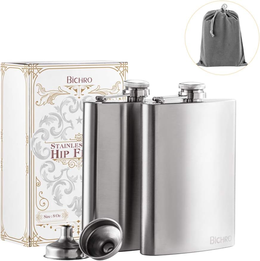 Bichiro® 8 oz Hip Flask with Funnel, 304 Food Grade Stainless Steel Hip Flasks for Outdoor and Camping - 2 Pack