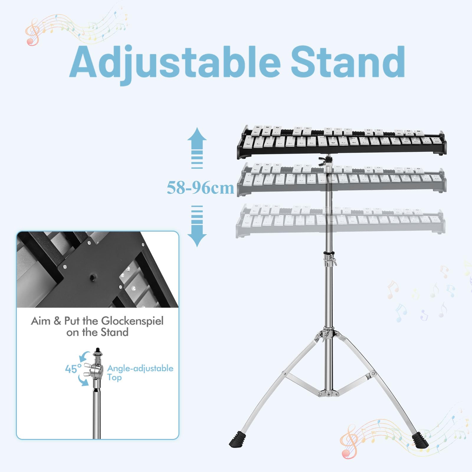 KOMFOTTEU Set con supporto regolabile in altezza, 32 note xilofono con 1 paio di bacchette e bacchette per batteria e 1 tamburo per esercizi a 8 angoli, per bambini, adulti