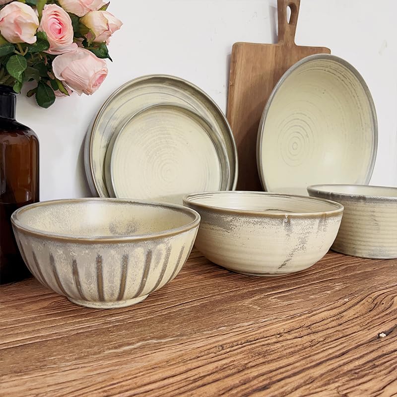 Juego de platos llanos de cerámica, cuenco grande para sopa, fideos, ensalada, plato de carne, plato de postre, plato hondo para el hogar, tazón grande de ensalada de cocina (5 piezas)
