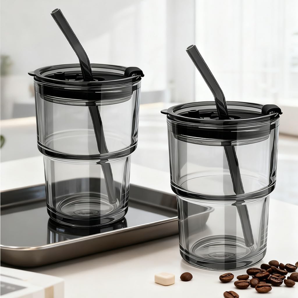 13OZ Glass Coffee Cup - Matcha Glass Cup With Lids And Straw, To-Go Cup for Office, Party, Camping, Iced Coffee, Water, Juice (SmokyGray-2Pack)