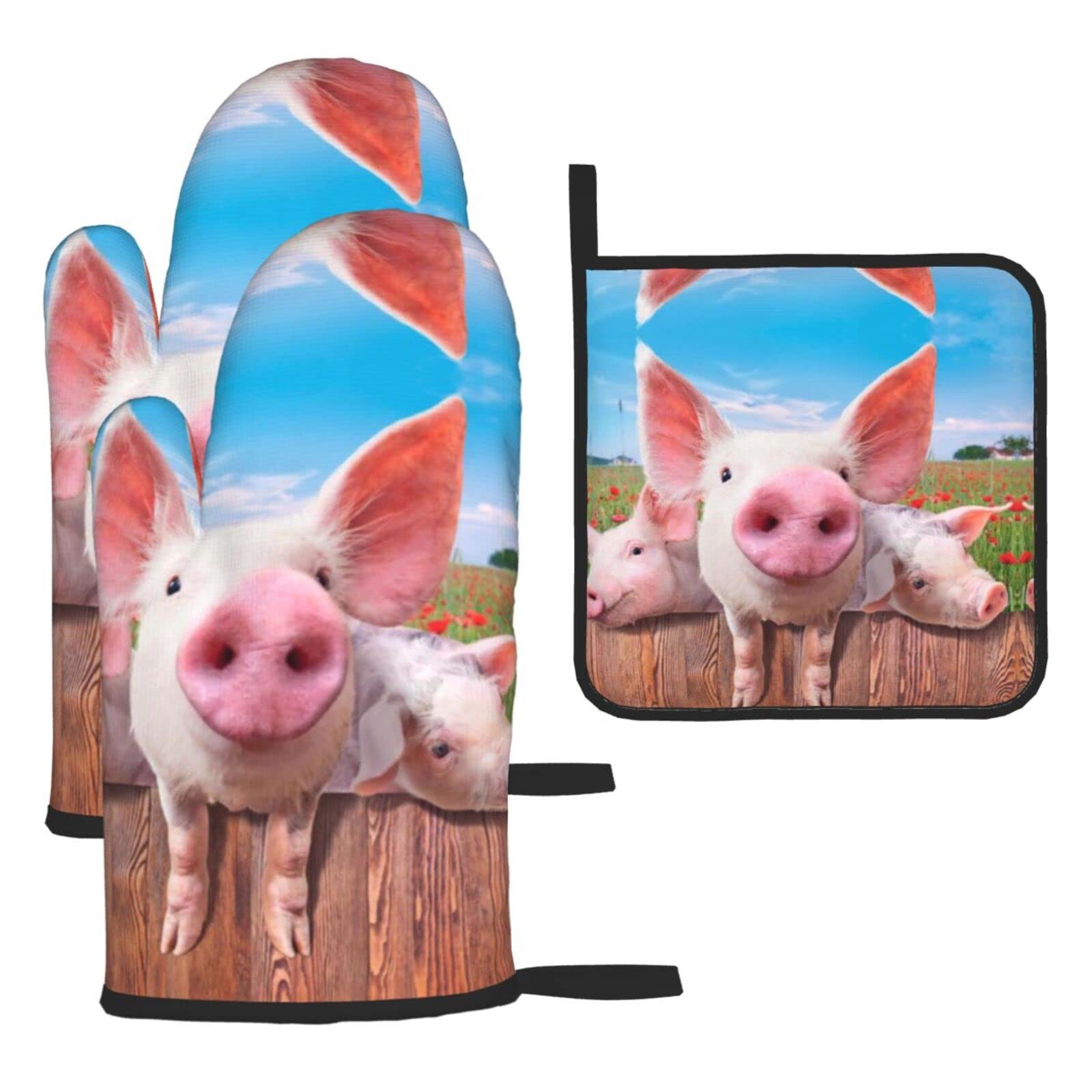 Funny Cute Pig Oven Mitts and Pot Holder Kitchen Set for Grilling, Cooking, Baking, Heat Resistant
